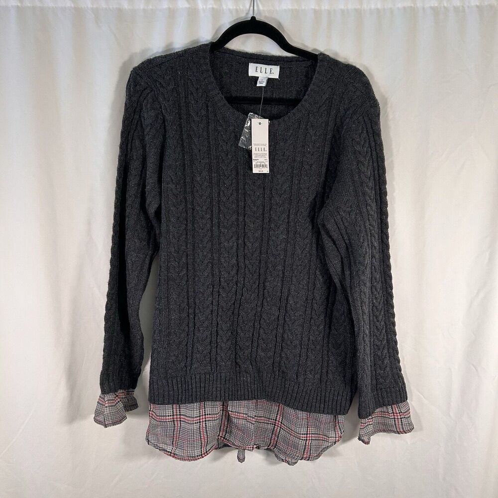 New Elle Sweater Women's Large Charcoal Grey Cable Knit Crew Neck Pullover